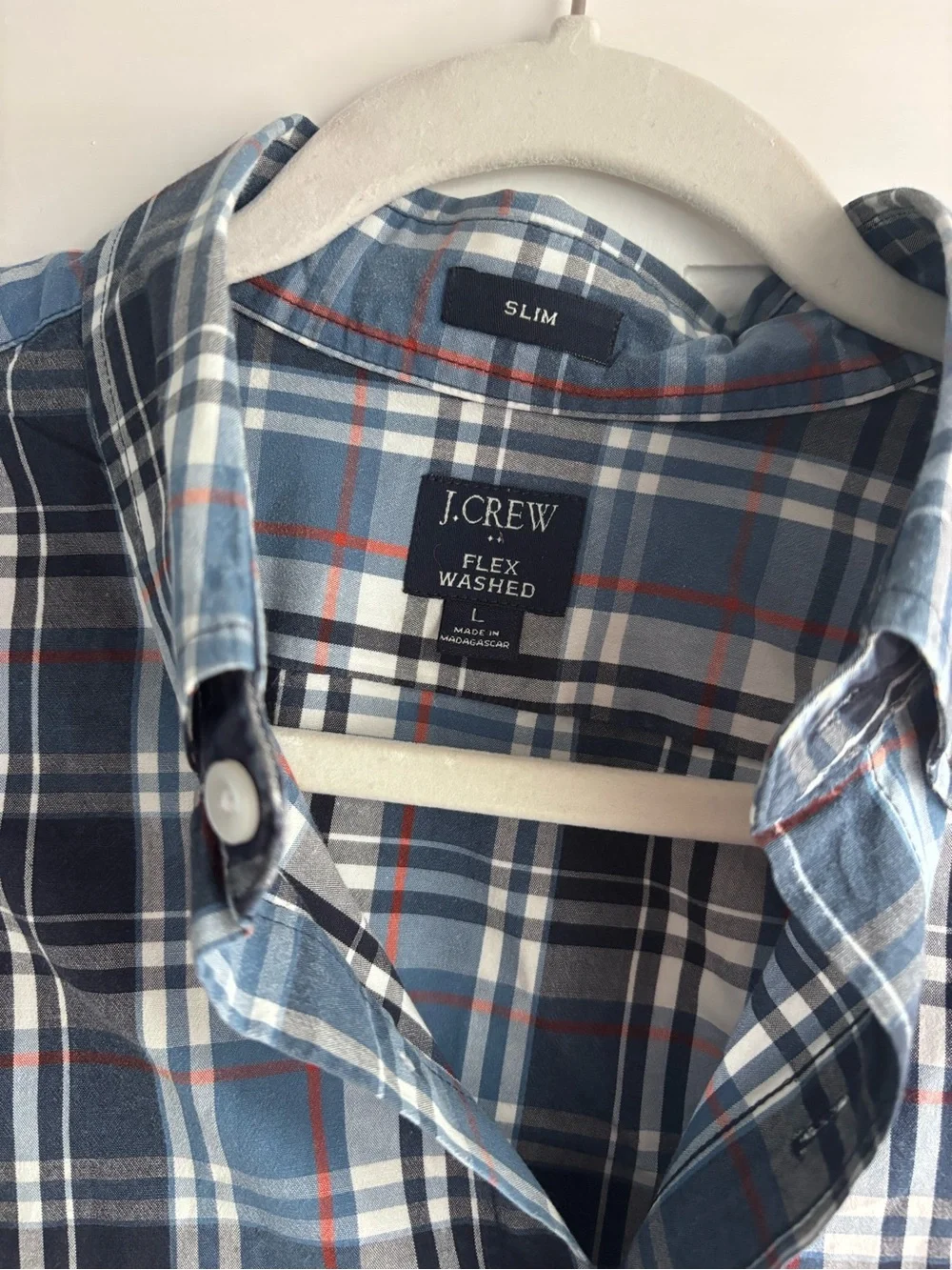 J. Crew Men's Blue Plaid Button-Down Shirt with White and Red Accents